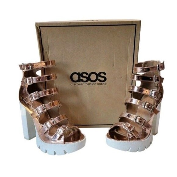 Asos Orlanda Chunky Platform Buckle Sandals Metallic Open Toe Shoes Rose Gold 6 - Picture 1 of 11